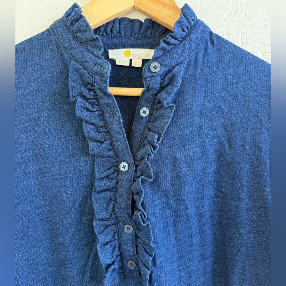 Boden Navy Ruffled Front Button 100% Cotton Blouse US 6 (Small) - Picture 3 of 5